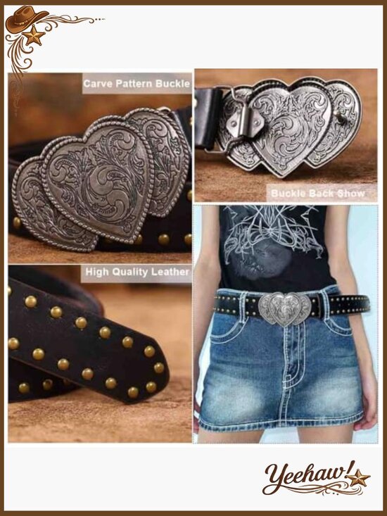 Western Belt with Heart Buckle for Women Men Cowgirls Leather Belt for Jeans main image 6